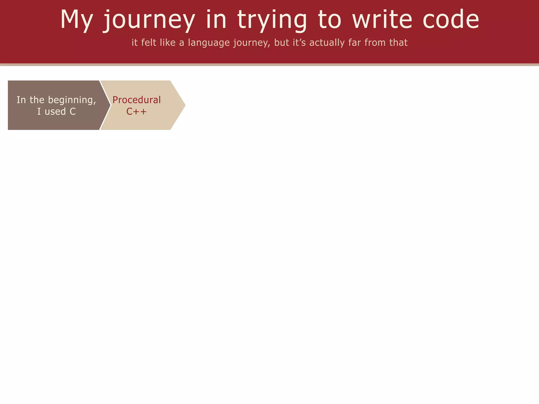 My journey in trying to write code
                       it felt like a language journey, but it’s actually far from that




In the beginning,   Procedural
     I used C          C++
 