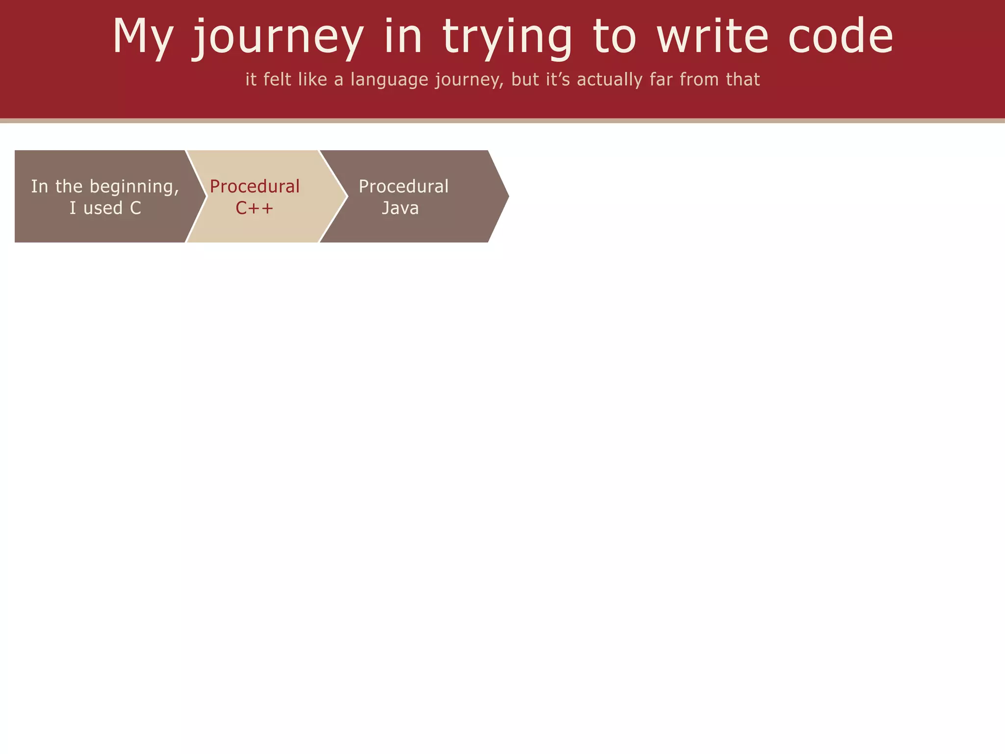 My journey in trying to write code
                       it felt like a language journey, but it’s actually far from that




In the beginning,   Procedural       Procedural
     I used C          C++              Java
 