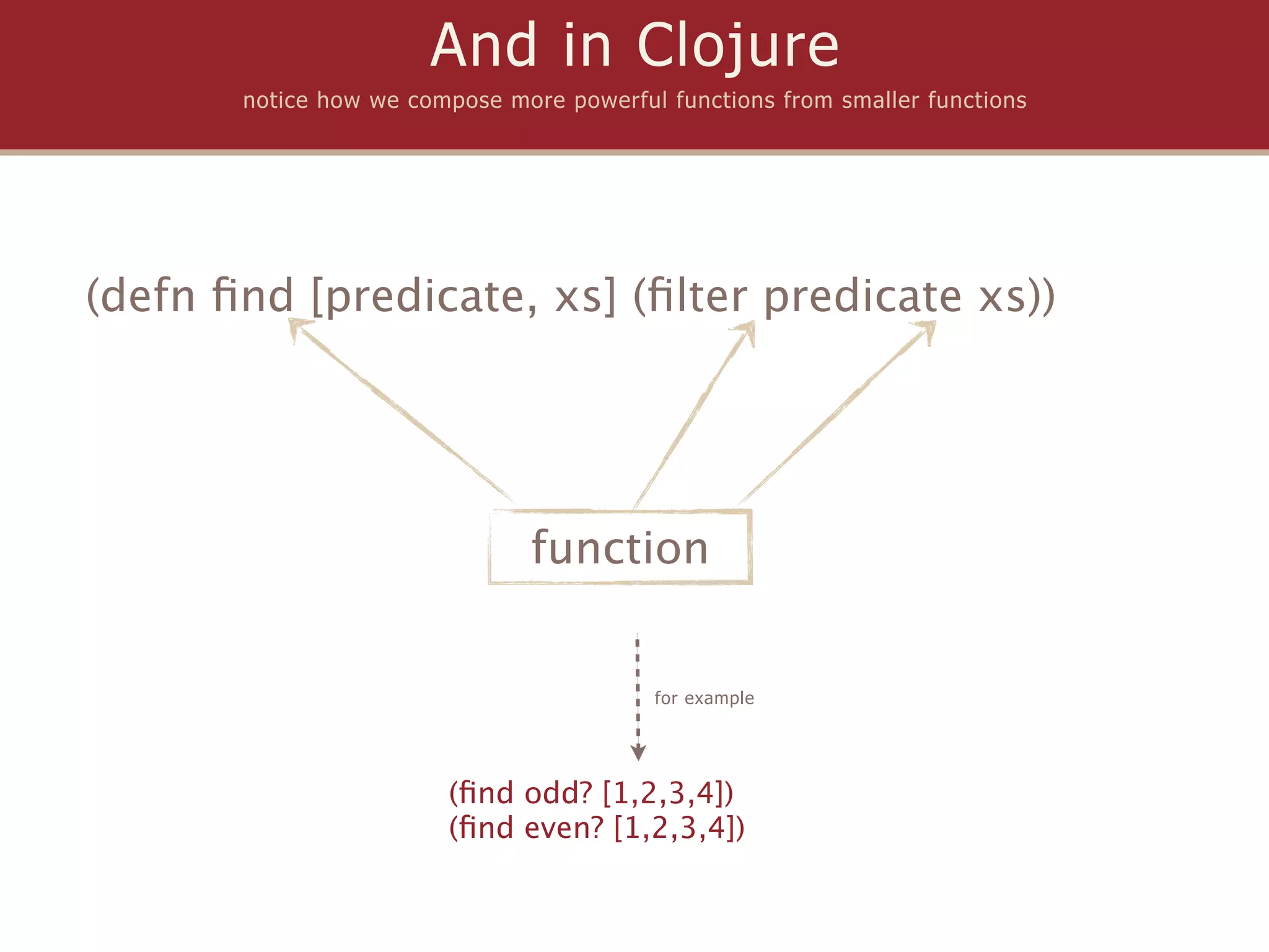 And in Clojure
       notice how we compose more powerful functions from smaller functions




(defn ﬁnd [predicate, xs] (ﬁlter predicate xs))




                               function


                                          for example




                        (ﬁnd odd? [1,2,3,4])
                        (ﬁnd even? [1,2,3,4])
 