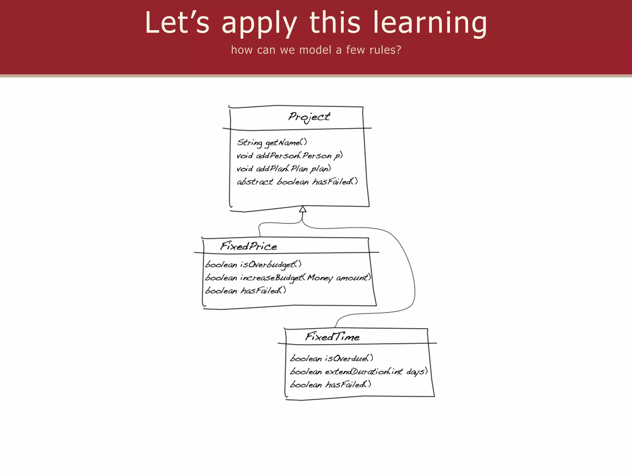 Let’s apply this learning
      how can we model a few rules?
 