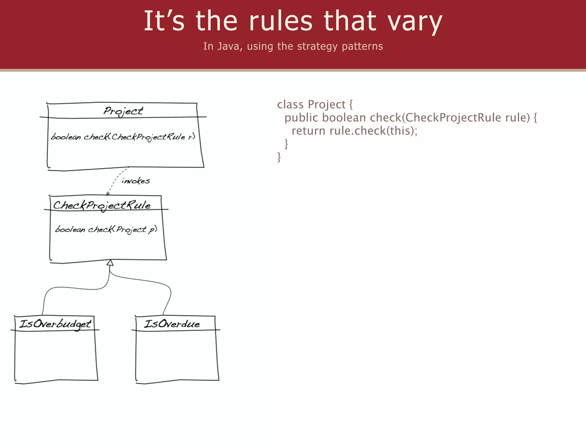 It’s the rules that vary
    In Java, using the strategy patterns




                  class Project {
                    public boolean check(CheckProjectRule rule) {
                      return rule.check(this);
                    }
                  }
 
