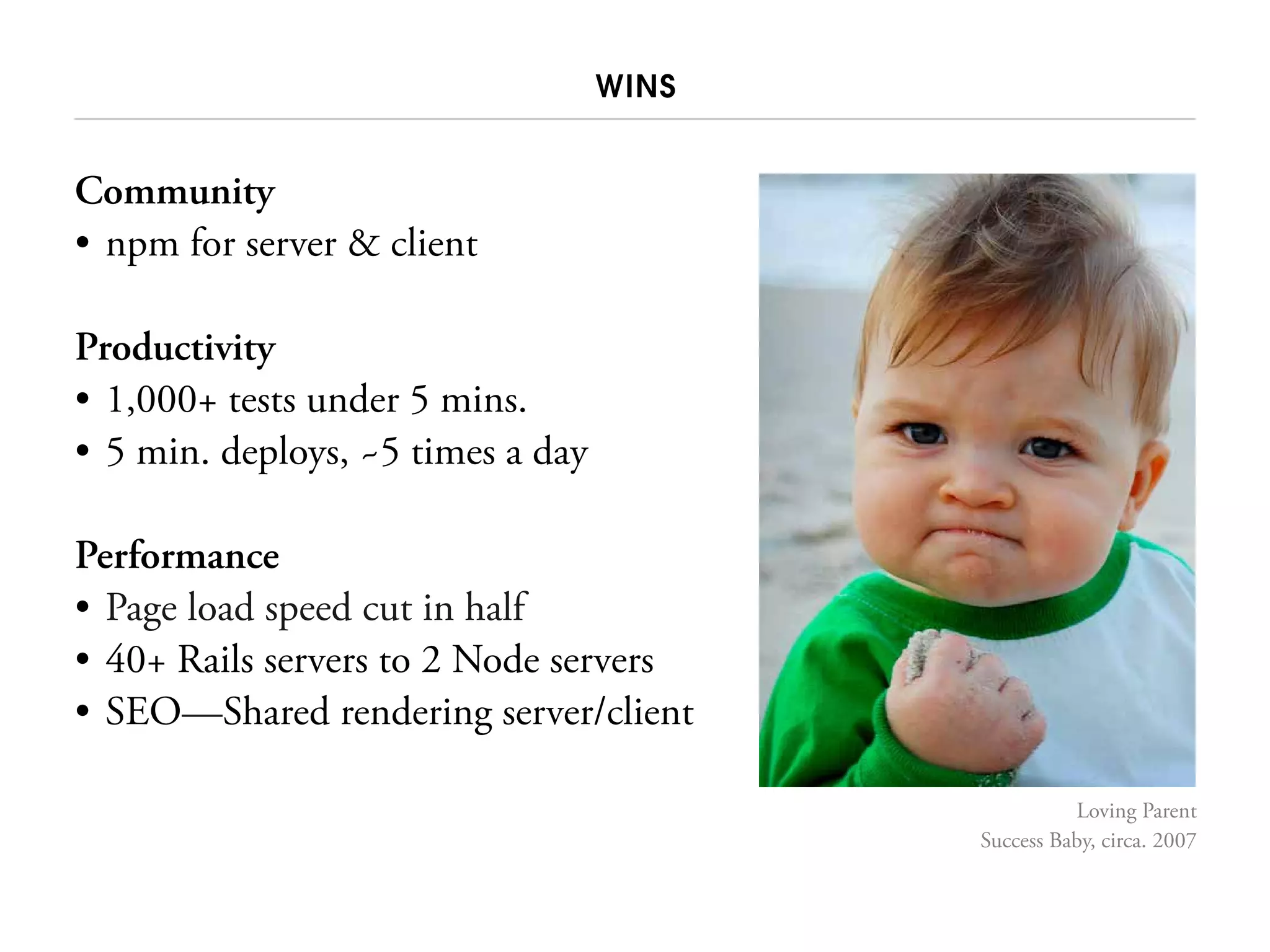 WINS
Community
• npm for server & client
Productivity
• 1,000+ tests under 5 mins.
• 5 min. deploys, ~5 times a day
Performance
• Page load speed cut in half
• 40+ Rails servers to 2 Node servers
• SEO—Shared rendering server/client
Patrick Lichty
A Failure in The Interwebz, 2013
Loving Parent
Success Baby, circa. 2007