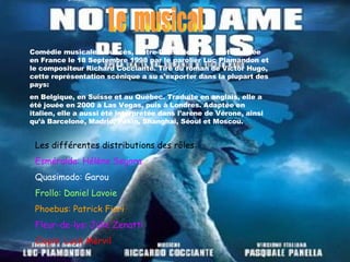Comédie musicale à succès, Notre-Dame de  Paris a été lancée en France le 18 Septembre 1998 par le parolier Luc Plamandon et le compositeur Richard Cocciante. Tiré du roman de Victor Hugo, cette représentation scénique a su s’exporter dans la plupart des pays: en Belgique, en Suisse et au Québec. Traduite en anglais, elle a été jouée en 2000 à Las Vegas, puis à Londres. Adaptée en italien, elle a aussi été interprétée dans l’arène de Vérone, ainsi qu’à Barcelone, Madrid, Pékin, Shanghai, Séoul et Moscou.  Les différentes distributions des rôles: Esméralda: Hélène Segara Quasimodo: Garou Frollo: Daniel Lavoie Phoebus: Patrick Fiori Fleur-de-lys: Julie Zenatti Clopin: Luck Mervil Le  musical 