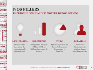 NOS PILIERS
L’APPROCHE ÉCONOMIQUE, MOTEUR DE NOS ACTIONS

L’INNOVATION
Promouvoir les
innovations des
prestataires de la
c...