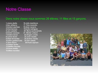 Notre Classe

Dans notre classe nous sommes 26 élèves; 11 filles et 15 garçons.
1.Joane abalia           16.Julia meshkova
2.iker añibarro          17. Peio morentin
3.Andoni azarloza        18.Asier navarro
4.Unai barrena           19.Ioritz rodriguez
5.Javi castaño            20 .Maria sarrionaindia
6.Andrei cananau         21. Maider uribarri
7.Andere duran            22.Aingeru urreta
8.Leiore duran             23.Jone vasallo
9.Olatz fernandez          24.Andrea viseda
10.Aitor gaztelurrutia     25.Oier zabala
11.Ibon ibarra              26.Paule zapirain
12.Xabier iturbe
13.Steffen lizundia
14.Uxue meabe
15.Mikel mendibe
 