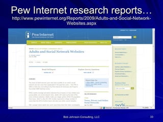 Pew Internet research reports… http://www.pewinternet.org/Reports/2009/Adults-and-Social-Network-Websites.aspx 