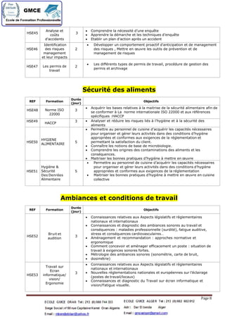 HSE45
Analyse et
coûts
d'accidents
3
 Comprendre la nécessitéd’une enquête
 Apprendre la démarche et les techniques d’enquête
 Etablir un plan d’action après un accident
HSE46
Identification
des risques
management
et leur impacts
2
 Développer un comportement proactif d'anticipation et de management
des risques , Mettre en œuvre les outils de prévention et de
management de risques
HSE47 Les permis de
travail
2
 Les différents types de permis de travail, procédure de gestion des
permis et archivage
Sécuritédes aliments
REF Formation
Durée
(jour)
Objectifs
HSE48 Norme ISO
22000
3
 Acquérir les bases relatives àla maitrise de la sécuritéalimentaire afin de
se conformer àLa norme internationale ISO 22000 et aux références
spécifiques :HACCP
HSE49
HACCP
3  Analyser et réduire les risques liés àl’hygiène et àla sécuritédes
aliments
HSE50
HYGIENE
ALIMENTAIRE
5
 Permettre au personnel de cuisine d’acquérir les capacités nécessaires
pour organiser et gérer leurs activités dans des conditions d’hygiène
appropriées et conformes aux exigences de la réglementation et
permettant la satisfaction du client.
 Connaître les notions de base de microbiologie.
 Comprendre les origines des contaminations des aliments et les
conséquences.
 Maitriser les bonnes pratiques d’hygiène àmettre en œuvre
HSE51
Hygiène &
Sécurité
Des Denrées
Alimentaire
5
 Permettre au personnel de cuisine d’acquérir les capacités nécessaires
pour organiser et gérer leurs activités dans des conditions d’hygiène
appropriées et conformes aux exigences de la réglementation
 Maitriser les bonnes pratiques d’hygiène àmettre en œuvre en cuisine
collective
Ambiances et conditions de travail
REF Formation
Durée
(jour)
Objectifs
HSE52
Bruit et
audition
3
 Connaissances relatives aux Aspects législatifs et règlementaires
nationaux et internationaux
 Connaissances et diagnostic des ambiances sonores au travail et
conséquences : maladies professionnelle (surdité), fatigue auditive,
stress et conséquences cardiovasculaires…
 Aménagement et recommandation : approches normative et
ergonomique
 Comment concevoir et aménager efficacement un poste : situation de
travail àexigences sonores fortes.
 Métrologie des ambiances sonores (sonométrie, carte de bruit,
 dosimétrie)
HSE53
Travail sur
Ecran
informatique/
vision/
Ergonomie
3
 Connaissances relatives aux Aspects législatifs et règlementaires
nationaux et internationaux
 Nouvelles réglementations nationales et européennes sur l’éclairage
(postes de travail/locaux)
 Connaissances et diagnostic du Travail sur écran informatique et
vision/Fatigue visuelle.
Page 8
 