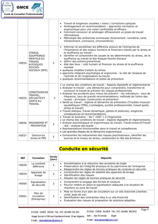  Travail et exigences visuelles / vision / corrections optiques
 Aménagement et recommandation : approches normative et
ergonomique pour une vision confortable et efficace
 Comment concevoir et aménager efficacement un poste de travail
informatique
 Métrologie des ambiances lumineuses (Eclairement: luxmétrie, carte
d’éclairement, luminance, chromamétrie)
HSE54
STRESS,
SOUFFRANCE
MENTALE AU
TRAVAIL
& RISQUES
PSYCHO-
SOCIAUX (RPS)
3
 Informer et sensibiliser les différents acteurs de l’entreprise de
l’importance et des enjeux humains et financiers induits par le stress et
la souffrance au travail :
 identifier et comprendre les causes et les déterminants du stress, de la
souffrance au travail et des Risques Psycho-Sociaux
 définir des actions préventives
 état des lieux : coût humain et financier du stress et la souffrance
mentale
quelques modèles traitant du stress
approche intégrant psychologie et ergonomie : le rôle de l’analyse de
l’activité et de l’organisation du travail
quelques recommandations et pistes de prévention
HSE55
CONDITIONSDE
TRAVAIL,
SÉCURITE ET
SANTE AU
TRAVAIL
3
Le champ des conditions de travail : Aspects législatifs et réglementaires
Analyser le travail : une démarche pour comprendre, transformer et
concevoir le travail et prévenir les risques professionnels
Analyser les accidents pour mieux les prévenir : les indicateurs : taux de
fréquence, taux de gravitérecommandations; méthode de l’arbre des
causes : principes, construction et prévention
Santéau travail : repères et démarche de prévention (Troubles musculo-
squelettiques (TMS), Lombalgies, surditéprofessionnelle, travail posté,
stress et travail)
Travail statique, travail dynamique, gestes et postures), exigences
conséquences et recommandations
HSE56 ERGONOMIE ET
PREVENTION
3
Travail et évolution : De l’ «OST »àl’ergonomie
Le champ des conditions de travail : Aspects législatifs et réglementaires
Analyse psychologique et ergonomique du travail, Travail prescrit/Travail
réel : analyse des écarts
Représentations fonctionnelles dans le travail et compétences
Les grandes étapes de la démarche ergonomique
HSE57 Gestion du
stress et PRS
3
Comprendre les mécanismes des risques psychosociaux, identifier les
sources et le niveau du stress, comprendre le rôle des émotions
Conduite en sécurité
REF Formation
Durée
(jour)
Objectifs
HSE58
La conduite
défensive
2
 Sensibilisation àla réduction des accidents de trajet
 Préservation de l’intégrité physique et du patrimoine de l’entreprise
 Réapprendre les règles de bonnes pratiques de conduite en sécurité
HSE59
Appareils de
levage
2
 Comprendre les règles de stabilitédes appareils de levage
 Identification des risques
 Adopter les règles de bonnes pratiques de sécurité
HSE60
Signalisation
de sécurité
2
 Comprendre le langage des formes et couleurs
 Pouvoir mettre en place la signalisation adéquate àla situation de
chantiers ou zone de travail
HSE61
Plan de
circulation
(Entreprise)
2
 Mise en forme d’un plan de circulation sur un site d’activité (chantier,
unité, base de vie)
 Identification des contraintes liées àun site d’activité
 Evaluation des risques et proposition de solutions adaptées.
Page 9
 
