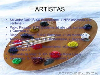 ARTISTAS Salvador Dalí:  S.XX Surréalisme. « Niña asomada a la ventana » Pablo Picasso: S.XX Cubisme,art abstrait, surréalisme.  « Guernica » Diego Velazquez: S.XVII Barroque. « Las meninas » Antoni Gaudi: S. XIX- XX. Modernisme. « Sagrada Familia » Joan Miró: S.XIX-XX. Modernisme. «Cantante melancólico » Leonardo da Vinci: S. XV- XVI. «La Mona Lisa » Kandinsky: S. XIX-XX. « Composicion 8 » 