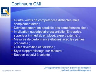 Continuum QMI


                   • Quatre volets de compétences distinctes mais
                     complémentaires ;
                   • Développement en parallèle des compétences clés ;
                   • Implication quadripolaire essentielle (Entreprise,
                     supérieur immédiat, employé, expert externe) ;
                   • Mesures de performance établies avec les parties
                     prenantes ;
                   • Outils diversifiés et flexibles ;
                   • Style d’apprentissage sur-mesure ;
                   • Support et suivi à volonté ;


                                         Développement de la main-d’œuvre en entreprise
Copy right © 2012 – Tout droit réservé                  L’offre Quadrilium Management
 