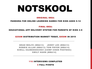 NOTSKOOL
                     ORIGINAL IDEA:
 PANDORA FOR ONLINE LEARNING GAMES FOR KIDS AGES 5-14


                      FINAL IDEA:
EDUCATIONAL APP DELIVERY SYSTEM FOR PARENTS OF KIDS 3 -9


    $250M DISTRIBUTION MARKET TODAY, $950M IN 2015



        BRAD WOLFE (MBA13)   JERRY LEE (MBA13)
       ROBBIE ALLAN (MBA13) TOM PRYOR (MBA14)
      KIRILL IGUMENSHCHEV (COMP CHEM POSTDOC)
                  EMILY HAHN (MBA14)




               116 INTERVIEWS COMPLETED
                     3 FULL PIVOTS
 