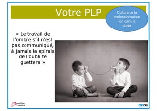 Votre PLP Culture de la
professionnalisat
ion dans la
durée
« Le travail de
l’ombre s’il n’est
pas communiqué,
à jamais la spirale
de l’oubli te
guettera »
 