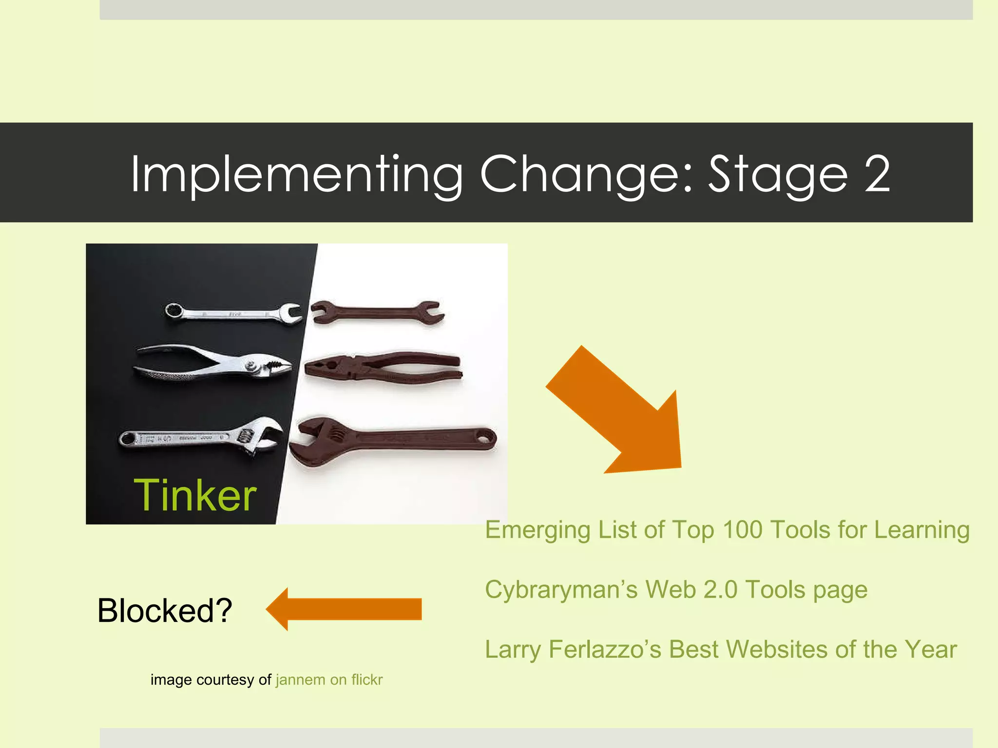 Implementing Change: Stage 2 Tinker image courtesy of  jannem on flickr Blocked? Emerging List of Top 100 Tools for  Learning Cybraryman’s Web 2.0 Tools page   Larry Ferlazzo’s Best Websites of the Year 