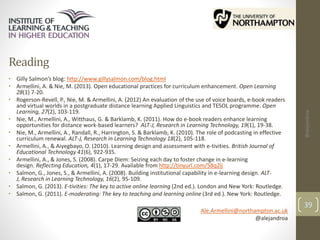Reading 
• Gilly Salmon’s blog: http://www.gillysalmon.com/blog.html 
• Armellini, A. & Nie, M. (2013). Open educational practices for curriculum enhancement. Open Learning 
28(1) 7-20. 
• Rogerson-Revell, P., Nie, M. & Armellini, A. (2012) An evaluation of the use of voice boards, e-book readers 
and virtual worlds in a postgraduate distance learning Applied Linguistics and TESOL programme. Open 
Learning, 27(2), 103-119. 
• Nie, M., Armellini, A., Witthaus, G. & Barklamb, K. (2011). How do e-book readers enhance learning 
opportunities for distance work-based learners? ALT-J, Research in Learning Technology, 19(1), 19-38. 
• Nie, M., Armellini, A., Randall, R., Harrington, S. & Barklamb, K. (2010). The role of podcasting in effective 
curriculum renewal. ALT-J, Research in Learning Technology 18(2), 105-118. 
• Armellini, A., & Aiyegbayo, O. (2010). Learning design and assessment with e-tivities. British Journal of 
Educational Technology 41(6), 922-935. 
• Armellini, A., & Jones, S. (2008). Carpe Diem: Seizing each day to foster change in e-learning 
design. Reflecting Education, 4(1), 17-29. Available from http://tinyurl.com/58q2lj 
• Salmon, G., Jones, S., & Armellini, A. (2008). Building institutional capability in e-learning design. ALT-J, 
Research in Learning Technology, 16(2), 95-109. 
• Salmon, G. (2013). E-tivities: The key to active online learning (2nd ed.). London and New York: Routledge. 
• Salmon, G. (2011). E-moderating: The key to teaching and learning online (3rd ed.). New York: Routledge. 
39 
Ale.Armellini@northampton.ac.uk 
@alejandroa 
@alejandroa 
 