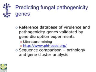 Predicting fungal pathogenicity
genes
Reference database of virulence and
pathogenicity genes validated by
gene disruption...