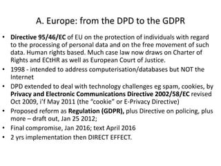 A. Europe: from the DPD to the GDPR
• Directive 95/46/EC of EU on the protection of individuals with regard
to the process...