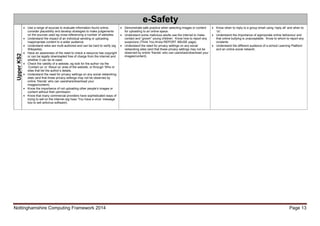 Nottinghamshire Computing Framework 2014 Page 13
e-SafetyUpperKS2
 Use a range of sources to evaluate information found online,
consider plausibility and develop strategies to make judgements
on the sources used eg cross-referencing a number of websites.
 Understand the impact of an individual sending or uploading
inappropriate content to a wider audience.
 Understand wikis are multi-authored and can be hard to verify (eg
Wikipedia).
 Have an awareness of the need to check a resource has copyright
or can be legally downloaded free of charge from the internet and
whether it can be re-used.
 Check the validity of a website, eg look for the author via the
‘Contact us’ or ‘About us’ area of the website, or through ‘Who is’
sites that list the author’s details.
 Understand the need for privacy settings on any social networking
sites (and that those privacy settings may not be observed by
online ‘friends’ who can use/share/download your
images/content).
 Know the importance of not uploading other people’s images or
content without their permission
 Know that many commercial providers have sophisticated ways of
trying to sell on the internet (eg hoax ‘You have a virus’ message
box to sell antivirus software).
 Demonstrate safe practice when selecting images or content
for uploading to an online space.
 Understand some malicious adults use the internet to make
contact and “groom” young children. Know how to report any
suspicions (Think You Know REPORT ABUSE page).
 Understand the need for privacy settings on any social
networking sites (and that those privacy settings may not be
observed by online ‘friends’ who can use/share/download your
images/content).
 Know when to reply to a group email using ‘reply all’ and when to
‘cc’.
 Understand the importance of appropriate online behaviour and
that online bullying is unacceptable. Know to whom to report any
incidents
 Understand the different audience of a school Learning Platform
and an online social network.
 