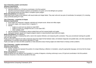 Nottinghamshire Computing Framework 2014 Page 28
Year 4 Geometry position and direction
Statutory requirements
Pupils should be taught to:
 describe positions on a 2-D grid as coordinates in the first quadrant
 describe movements between positions as translations of a given unit to the left/right and up/down
 plot specified points and draw sides to complete a given polygon.
Notes and guidance (non-statutory)
Pupils draw a pair of axes in one quadrant, with equal scales and integer labels. They read, write and use pairs of coordinates, for example (2, 5), including
using coordinate-plotting ICT tools.
Year 5 Geometry – properties of shapes
Statutory requirements
 know angles are measured in degrees: estimate and compare acute, obtuse and reflex angles
 draw given angles, and measure them in degrees (o
)
 identify:
o angles at a point and one whole turn (total 360o
)
o angles at a point on a straight line and ½ a turn (total 180o
)
o other multiples of 90o
 use the properties of rectangles to deduce related facts and find missing lengths and angles
 distinguish between regular and irregular polygons based on reasoning about equal sides and angles.
Notes and guidance (non-statutory)
Pupils become accurate in drawing lines with a ruler to the nearest millimetre, and measuring with a protractor. They use conventional markings for parallel
lines and right angles.
Pupils use the term diagonal and make conjectures about the angles formed between sides, and between diagonals and parallel sides, and other properties of
quadrilaterals, for example using dynamic geometry ICT tools.
Pupils use angle sum facts and other properties to make deductions about missing angles and relate these to missing number problems.
Year 5 Geometry – position and direction
Statutory requirements
Pupils should be taught to:
 identify, describe and represent the position of a shape following a reflection or translation, using the appropriate language, and know that the shape
has not changed.
Notes and guidance (non-statutory)
Pupils recognise and use reflection and translation in a variety of diagrams, including continuing to use a 2-D grid and coordinates in the first quadrant.
Reflection should be in lines that are parallel to the axes.
 
