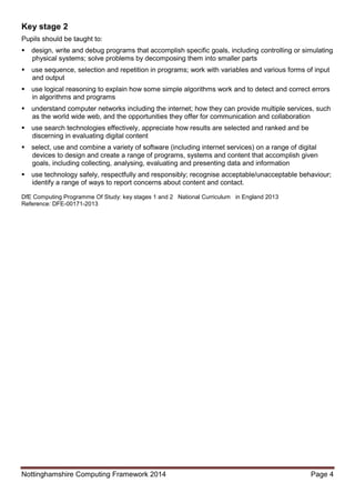 Nottinghamshire Computing Framework 2014 Page 4
Key stage 2
Pupils should be taught to:
design, write and debug programs that accomplish specific goals, including controlling or simulating
physical systems; solve problems by decomposing them into smaller parts
use sequence, selection and repetition in programs; work with variables and various forms of input
and output
use logical reasoning to explain how some simple algorithms work and to detect and correct errors
in algorithms and programs
understand computer networks including the internet; how they can provide multiple services, such
as the world wide web, and the opportunities they offer for communication and collaboration
use search technologies effectively, appreciate how results are selected and ranked and be
discerning in evaluating digital content
select, use and combine a variety of software (including internet services) on a range of digital
devices to design and create a range of programs, systems and content that accomplish given
goals, including collecting, analysing, evaluating and presenting data and information
use technology safely, respectfully and responsibly; recognise acceptable/unacceptable behaviour;
identify a range of ways to report concerns about content and contact.
DfE Computing Programme Of Study: key stages 1 and 2 National Curriculum in England 2013
Reference: DFE-00171-2013
 