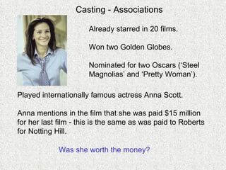 Casting - Associations Already starred in 20 films. Won two Golden Globes. Nominated for two Oscars (‘Steel Magnolias’ and ‘Pretty Woman’). Played internationally famous actress Anna Scott. Anna mentions in the film that she was paid $15 million for her last film - this is the same as was paid to Roberts for Notting Hill. Was she worth the money? 