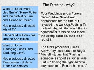 The Director - why? Four Weddings and a Funeral director Mike Newell was approached for the film, but rejected it to work on Pushing Tin instead. He did later admit that in commercial terms he had made the wrong decision, but did not regret it.  The film's producer Duncan Kenworthy then turned to Roger Michell, stating that "Finding someone as good as Roger, was just like finding the right actor to play each role. Roger shone out." Went on to do ‘Changing Lanes’ and ‘Enduring Love’. Had previously directed ‘Persuasion’ - A Jane Austen adaptation. Went on to do ‘Mona Lisa Smile’, ‘Harry Potter and the Goblet of Fire’ and ‘Prince of Persia’. Had previously directed lots of TV. Made $8.4 million - cost around $33 million 