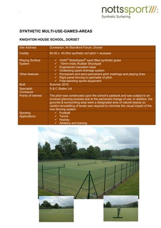 .
SYNTHETIC MULTI-USE-GAMES-AREAS
KNIGHTON HOUSE SCHOOL, DORSET
Site Address Durweston, Nr Blandford Forum, Dorset
Facility 60.00 x 40.00m synthetic turf pitch + recesses
Playing Surface
System
9 VHAF®
NottsSward®
sand filled synthetic grass
9 15mm Insitu Rubber Shockpad
9 Engineered macadam base
9 Underlying piped drainage system
Other features 9 Permanent and semi-permanent pitch markings and playing lines
9 Rigid panel fencing to perimeter of pitch
9 Free-standing sports equipment
Built Summer 2010
Specialist
Contractor
S & C Slatter Ltd
Points of interest The pitch was constructed upon the school’s paddock and was subject to an
involved planning process due to the perceived change of use. In addition, the
grounds & surrounding area were a designated area of natural beauty so
careful remodelling of levels was required to minimise the visual impact of the
new fencing system.
Sporting
Applications
9 Football
9 Tennis
9 Hockey
9 Athletics and training
 