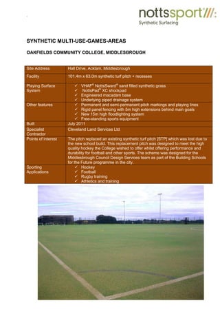 .
SYNTHETIC MULTI-USE-GAMES-AREAS
OAKFIELDS COMMUNITY COLLEGE, MIDDLESBROUGH
Site Address Hall Drive, Acklam, Middlesbrough
Facility 101.4m x 63.0m synthetic turf pitch + recesses
Playing Surface
System
9 VHAF®
NottsSward®
sand filled synthetic grass
9 NottsPad®
XC shockpad
9 Engineered macadam base
9 Underlying piped drainage system
Other features 9 Permanent and semi-permanent pitch markings and playing lines
9 Rigid panel fencing with 5m high extensions behind main goals
9 New 15m high floodlighting system
9 Free-standing sports equipment
Built July 2011
Specialist
Contractor
Cleveland Land Services Ltd
Points of interest The pitch replaced an existing synthetic turf pitch [STP] which was lost due to
the new school build. This replacement pitch was designed to meet the high
quality hockey the College wished to offer whilst offering performance and
durability for football and other sports. The scheme was designed for the
Middlesbrough Council Design Services team as part of the Building Schools
for the Future programme in the city.
Sporting
Applications
9 Hockey
9 Football
9 Rugby training
9 Athletics and training
 