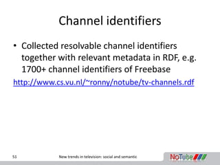 Channel identifiers
• Collected resolvable channel identifiers
  together with relevant metadata in RDF, e.g.
  1700+ chan...