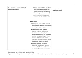 understanding of the world and significant
human experience gained from interpreting
various representations of life matters in
texts (ACELT1635)
 evaluate the social, moral and ethical

positions represented in texts (ACELT1812)

Essay writing
 Students are to revise the WHY paragraph
structure. Model a paragraph on the board on
one of the early documentaries.
 Give students the WHAT for a WHY
paragraph – The main purpose of the
documentary is to build empathy for

Understand and apply knowledge of language

refugees. Brainstorm HOW that purpose was

forms and features

achieved – techniques, examples, effects.

 analyse the ways in which creative

and imaginative texts can explore human
experience, universal themes and social
contexts
 use and analyse increasingly complex

language features to present a viewpoint
on issues such as environmental and
social sustainability
 explore and analyse ethical positions on a

current issue, including the values and/or
principles involved, in digital
communication forums
 respond to and compose sustained

imaginative, creative and critical texts that

Brainstorm WHY statements. Students to

Essay vocabulary handout

write up their paragraph and post on Edmodo

No Turning Back – vocabulary activity table

for feedback by students and teacher.
 Brainstorm the stages and ways the
documentary builds empathy – these will
become the WHAT statements that students
can choose for their essay assessment task.
 Vocabulary Exercise – building sophisticated

Transition Words Lesson

vocabulary to use in the essay. Why is the
choice of vocabulary important? What are the
types of words they could be using in their
essay – especially in each of the three
sections of the essay. Brainstorm ideas, use
the vocabulary handout and associated

Board of Studies NSW – Program Builder – pb.bos.nsw.edu.au
Program Builder contains NSW syllabus content prepared by the Board of Studies NSW for and on behalf of the State of New South Wales which is protected by Crown copyright.

11

 
