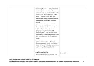 represent aspects of their expanding
personal and public worlds, for a wide
range of purposes, including for enjoyment
and pleasure

activity.

Essay planning scaffold

 Transition Words and Cohesion - How can
they add cohesion to their response both
within each paragraph and between
paragraphs using transition words?
Homework Task – watch the video lesson

Long Journey website

and look back at their WHY paragraph to see
how they can improve the use of transition
words.
 Hand out the essay planning scaffold.
Encourage students to write a draft of their
essay and submit for feedback before writing
up the essay in the assigned period.

Long Journey Website
 Revision of website design elements from
previous unit.
 Students to explore the website and follow at
least one child through all stages of their
journey to safety in Australia. For their
chosen child they are to write a summary of
their experiences and journey – starting with
their experiences in their home country and

Board of Studies NSW – Program Builder – pb.bos.nsw.edu.au
Program Builder contains NSW syllabus content prepared by the Board of Studies NSW for and on behalf of the State of New South Wales which is protected by Crown copyright.

12

 