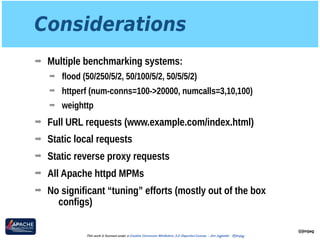 Considerations
➡ Multiple benchmarking systems:
➡ flood (50/250/5/2, 50/100/5/2, 50/5/5/2)
➡ httperf (num-conns=100->20000, numcalls=3,10,100)
➡ weighttp
➡ Full URL requests (www.example.com/index.html)
➡ Static local requests
➡ Static reverse proxy requests
➡ All Apache httpd MPMs
➡ No significant “tuning” efforts (mostly out of the box
configs)
@jimjag
This work is licensed under a Creative Commons Attribution 3.0 Unported License. - Jim Jagielski - @jimjag
 