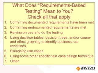 What Does “Requirements-Based
Testing” Mean to You?
Check all that apply
1. Confirming documented requirements have been met
2. Confirming undocumented requirements are met
3. Relying on users to do the testing
4. Using decision tables, decision trees, and/or cause-
and-effect graphing to identify business rule
conditions
5. Exercising use cases
6. Using some other specific test case design technique
7. Other
 
