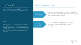 75% Managing
Multiple monitoring tools meant a network team
was spending 75% of their time on overhead just
keeping the systems running.
Due to acquisitions, average 'tool sprawl'
costs were at around $5 Million dollars
annually"
$5M
Annually
Use Case #3
Lack of Centralized Management
What:
IT managers have too many tools and systems
they have to log into when trying to track down
network issues. There is no 'single-source-of-truth'
which leads to excessive hours spent compiling
data from disparate systems for analysis and
resolution.
What the Market Says
 