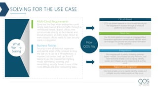 SOLVING FOR THE USE CASE
What
We’re
Seeing
Multi-Cloud Requirements
Gone are the days when enterprises could
simply back-haul all Internet traffic through a
centralized firewall. Branch offices now
communicate directly to the Internet and
Cloud providers, so every edge device at
every branch offices needs its own security
stack or integration.
Business Policies
Security is one of the most expensive
and painful areas of the network to drop
the ball on. It can be a PR nightmare, a
massive cost center, and can force IT
teams to go into massive fire-fighting
mode. Identifying, isolating, and
remediating security threats is one of the
most difficult and time-consuming tasks.
How
QOS Fits
Cloud-Based
QOS can deliver network or cloud-based security for
the Edge/Branch location through a variety of
platforms and integrations.
Next-Gen
Our SD-WAN platform includes an integrated Next
Generation application-aware firewall (NGFW) which
we manage and provide security event information
to the customer.
Integrations
We integrate with a variety of leading premise-
based Firewall, Cloud-based Security Platforms, and
SIEM tools that enable us to to rapidly identify,
isolate and mitigate security related events as they
occur.
Rapid Event Response
Our tools enable us to to rapidly identify, isolate and
mitigate security related events as they occur..
 