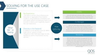 SOLVING FOR THE USE CASE
What
We’re
Seeing
No Experience
The need to access cloud infrastructure
resources or applications from branch
locations using traditional centralized hub-
and-spoke network architectures leads to an
increase in latency and negatively impacts
the user experience.
Diversity in the Network
In addition to the NGFW of the SD-WAN
edge device, options include
integrations with dedicated edge security
appliances and/or cloud-based security
services."
How
QOS Fits
Visibility
QOS SD-WAN with inProtect offers a number of
options for secure cloud access from the branch that
avoids backhaul to a centralized data center firewall.
Co-Managed
QOS SD-WAN allows branches to connect
dynamically and securely to cloud-based resources
over local Internet access links, providing direct
access to the closest cloud entry point and avoiding
unnecessary backhauling of traffic to the data center.
Monitoring
QOS SD-WAN centralized management for hub,
branch and cloud connectivity provide real-time
visibility into cloud-application performance, with
policy-based prioritization and routing control. This
centralized overlay allows control and management
performance over distributed applications at the
network edge."
 
