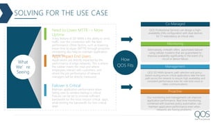SOLVING FOR THE USE CASE
What
We’re
Seeing
Need to Lower MTTR -> More
Uptime
A key feature of SD-WAN is the ability to send
traffic over the connection with the best
performance. Other factors, such as lowering
mean time to repair (MTTR) through proactive
monitoring also help to maintain application
availability.
Apps Impact End Users
Applications are directly impacted by the
performance of edge networks. This is where
the rubber meets the road and where
employees interact with customers, and
where the job performance of network
managers will be directly measured.
How
QOS Fits
Failover is Critical
Maintain application performance when
failing over to wireless backup is critical.
Policies can be set to provide sufficient
bandwidth for the most mission critical apps,
while limiting the bandwidth for non-critical
apps.
Co-Managed
QOS Professional Services can design a high-
availability (HA) configuration with dual devices
for 1:1 redundancy at critical sites.
Monitoring
Alternatively, inHealth offers automated failover
using cellular modems that are guaranteed to
improve availability significantly in the event of a
circuit or device failure.
Management
QOS SD-WAN dynamic path selection and policy-
based routing ensure critical applications take the best
path across the network to ensure high availability and
consistent performance even for real-time voice or
video communications.
Proactive
Our monitoring and management can improve
application performance. Real time monitoring,
combined with business policy automation, can
maintain application performance even when
networks are having problems.
 