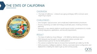 OVERVIEW
 The State of California’s network was aging and legacy MPLS contracts were
beginning to expire
CHALLENGES
• Strict budgets, rigid processes, and complicated implementation procedures
• Process of phasing out older technology would take years, involving immense
planning
• Moving to a new network platform would require further considerations to include
existing integrations, applications, and security requirements
RESULT
• The State of California chose VMware’s SD-WAN by VeloCloud solution
• QOS Networks was brought in as the approved solution provider and
implementation partner for the SD-WAN platform
• The solution enabled the State to increase their bandwidth per-dollar by 30-90x
• QOS proprietary intelligence platform, Wonka, automates device configuration and
deployment, enabling the State to get up and running quickly
THE STATE OF CALIFORNIA
 