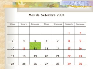 Mes de Setembre 2007 30 29 28 27 26 25 24 23 22 21 20 19 18 17 16 15 14 13 12 11 10 9 8 7 6 5 4 3 2 1 Diumenge Dissabte Divendres Dijous Dimecres Dimarts Dilluns  