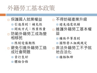 外籍勞工基本政策
 保護國人就業權益
 引進原則：補充性
 開放方式：限業限量
 防範外籍勞工成為變
相移民
 限制受僱期限
 避免引進外籍勞工造
成社會問題
 素行良好
 體檢合格
 不得妨礙產業升級
 避免過度依賴
 維護外籍勞工基本權
益
 種族平等原則
 國際勞工組織規定
 非法外籍勞工不予就
地合法化
 積極取締
 