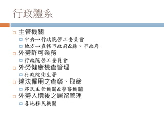 行政體系
 主管機關
 中央→行政院勞工委員會
 地方→直轄市政府&縣、市政府
 外勞許可業務
 行政院勞工委員會
 外勞健康檢查管理
 行政院衛生署
 違法僱用之查察、取締
 移民主管機關&警察機關
 外勞入境後之居留管理
 各地移民機關
 