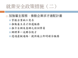 就業安全政策措施（二）
 加強雇主服務，推動企業求才速配計畫
 掌握企業缺工需求
 推動雇主求才快遞服務
 推介自辦及委辦之結訓學員
 辦理單一或聯合徵才
 透過虛擬通路，提供線上即時媒合服務
 