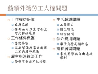 藍領外籍勞工人權問題
 工作權益保障
 政府協助
 仲介公司以三方合意
方式轉換雇主
 工作條件保護
 勞動傷害
 家庭幫傭及家庭看護
工不適用勞基法
 雇主指派違法工作
 外勞不會或不敢檢舉
 生活輔導問題
 工作壓力
 陌生環境
 語言隔閡
 仲介費用問題
 舉債負擔高額利息
 攜眷居留問題
 家庭團聚與自由遷徙
權利
 