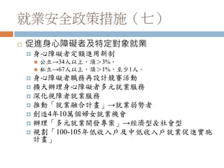 就業安全政策措施（七）
 促進身心障礙者及特定對象就業
 身心障礙者定額進用新制
 公立→34人以上，須＞3%。
 私立→67人以上，須＞1%，至少1人。
 身心障礙者職務再設計競賽活動
 擴大辦理身心障礙者多元就業服務
 深化視障者就業服務
 推動「就業融合計畫」→就業弱勢者
 創造4年10萬個婦女就業機會
 辦理「多元就業開發專案」→經濟型＆社會型
 規劃「100-105年低收入戶及中低收入戶就業促進實施
計畫」
 