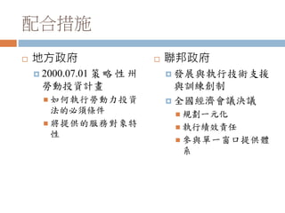 配合措施
 地方政府
 2000.07.01 策 略 性 州
勞動投資計畫
 如何執行勞動力投資
法的必須條件
 將提供的服務對象特
性
 聯邦政府
 發展與執行技術支援
與訓練創制
 全國經濟會議決議
 規劃一元化
 執行績效責任
 參與單一窗口提供體
系
 