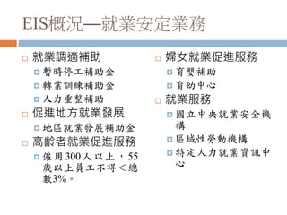 EIS概況—就業安定業務
 就業調適補助
 暫時停工補助金
 轉業訓練補助金
 人力重整補助
 促進地方就業發展
 地區就業發展補助金
 高齡者就業促進服務
 僱用300人以上，55
歲以上員工不得＜總
數3%。
 婦女就業促進服務
 育嬰補助
 育幼中心
 就業服務
 國立中央就業安全機
構
 區域性勞動機構
 特定人力就業資訊中
心
 