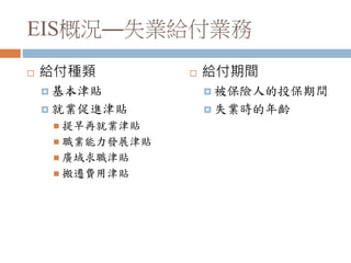 EIS概況—失業給付業務
 給付種類
 基本津貼
 就業促進津貼
 提早再就業津貼
 職業能力發展津貼
 廣域求職津貼
 搬遷費用津貼
 給付期間
 被保險人的投保期間
 失業時的年齡
 