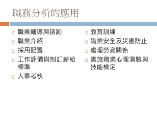 職務分析的應用
 職業輔導與諮詢
 職業介紹
 採用配置
 工作評價與制訂薪給
標準
 人事考核
 教育訓練
 職業安全及災害防止
 處理勞資關係
 實施職業心理測驗與
技能檢定
 