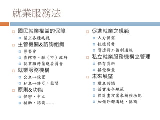 就業服務法
 國民就業權益的保障
 禁止各種歧視
 主管機關&諮詢組織
 勞委會
 直轄市、縣（市）政府
 就業服務策進委員會
 就業服務機構
 公立→設置
 私立→許可、監督
 原則&功能
 保密、中立
 補助、諮詢……
 促進就業之規範
 人力供需
 扶植弱勢
 資遣員工強制通報
 私立就業服務機構之管理
 保存資料
 接受檢查
 未來展望
 建立共識
 落實法令規範
 從計畫方案來補強功能
 加強外部溝通、協商
 