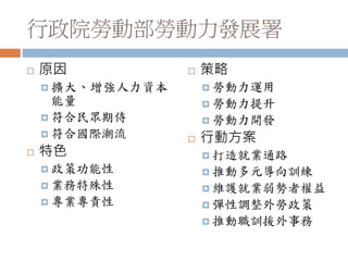 行政院勞動部勞動力發展署
 原因
 擴大、增強人力資本
能量
 符合民眾期侍
 符合國際潮流
 特色
 政策功能性
 業務特殊性
 專業專責性
 策略
 勞動力運用
 勞動力提升
 勞動力開發
 行動方案
 打造就業通路
 推動多元導向訓練
 維護就業弱勢者權益
 彈性調整外勞政策
 推動職訓援外事務
 