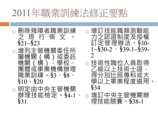 2011年職業訓練法修正要點
 刪除殘障者職業訓練
之 現 行 條 文 。
§21~§23
 增列主管機關委任所
屬機關（構）或委託
機關（構）、學校、
團體或事業機構辦理
職業訓練。§3、§8、
§10、§20
 明定由中央主管機關
辦理技能檢定。§4-1、
§31
 增訂技能職類測驗能
力之認證制度及授權
訂定管理辦法。§30-
1~§30-2、§39-1~§39-
2
 技術性職位人員取得
乙級以上技術士證，
得分別比照專科或大
學以上畢業程度遴用。
§34
 增訂中央主管機關辦
理技能競賽。§38-1
 